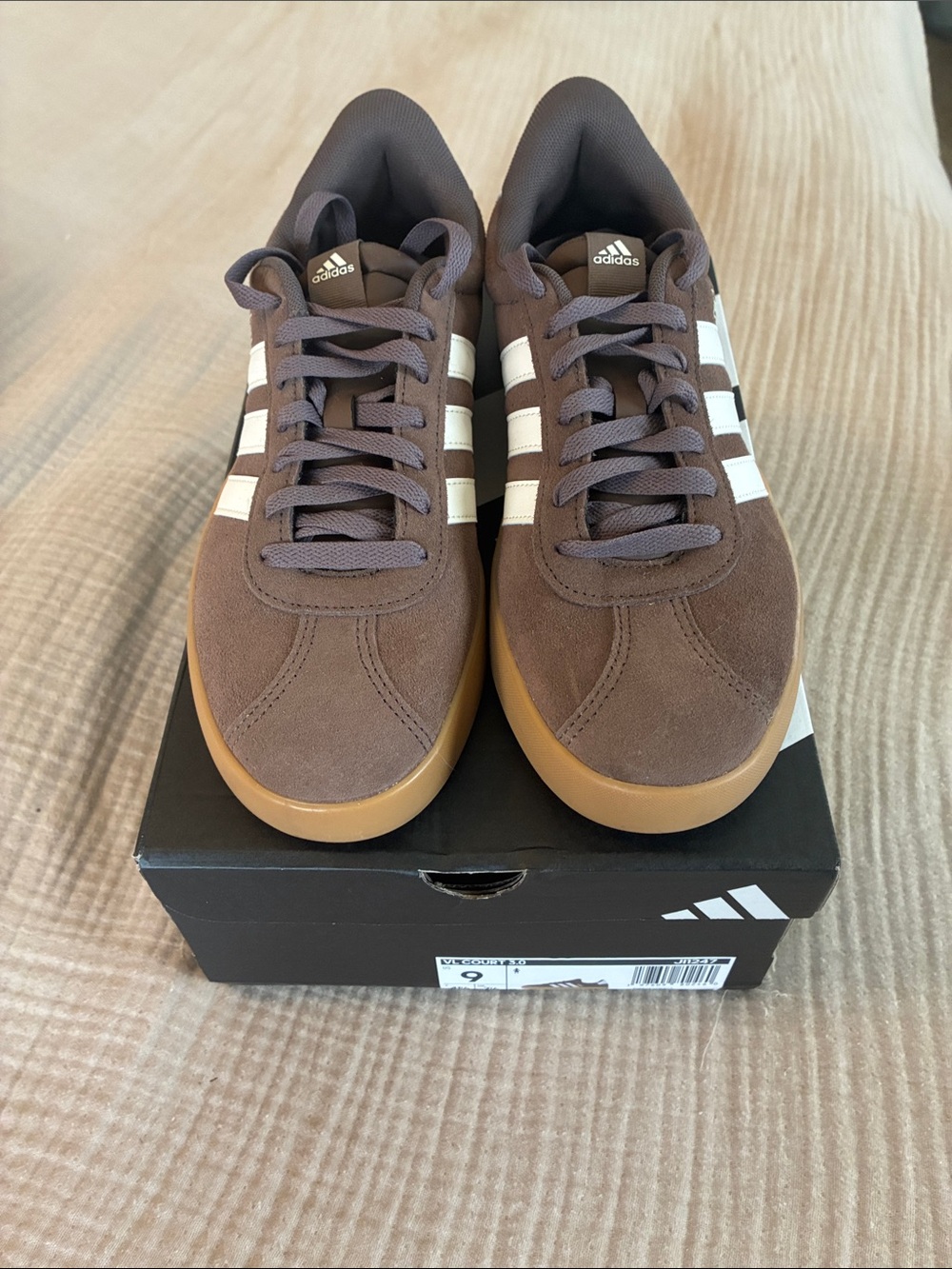 NWT adidas VL Court 3.0 Brown Suede Sneakers with White Stripes and Gum Sole